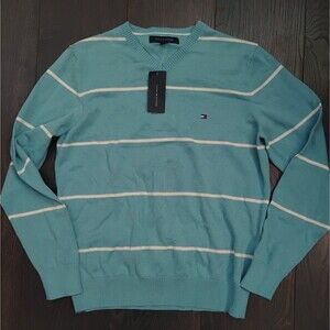 NEW Tommy Hilfiger Men's Blue/White Stripe Cotton V-Neck Sweater Size Medium